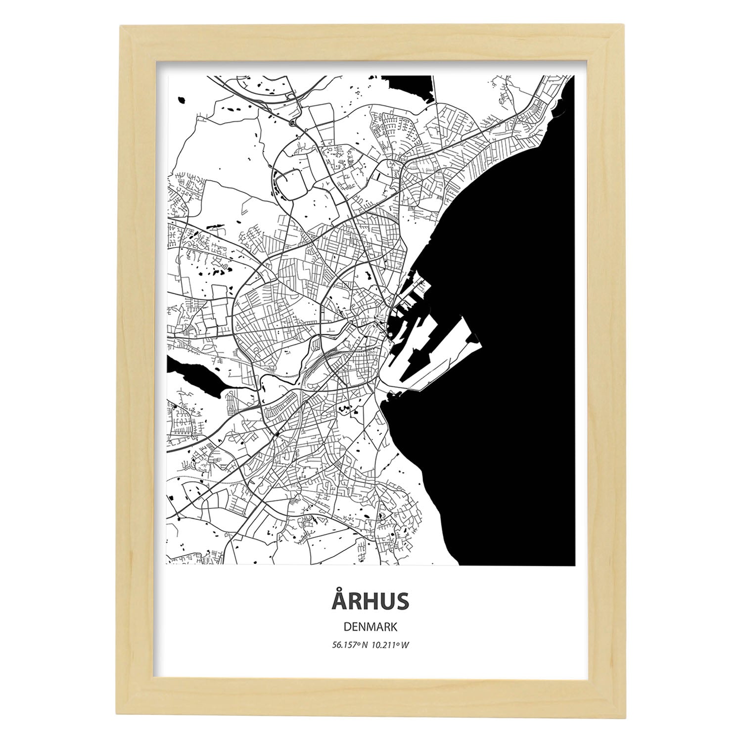 Poster con mapa de Arhus - Dinamarca. Láminas de ciudades del norte de Europa con mares y ríos en color negro.-Artwork-Nacnic-A3-Marco Madera clara-Nacnic Estudio SL