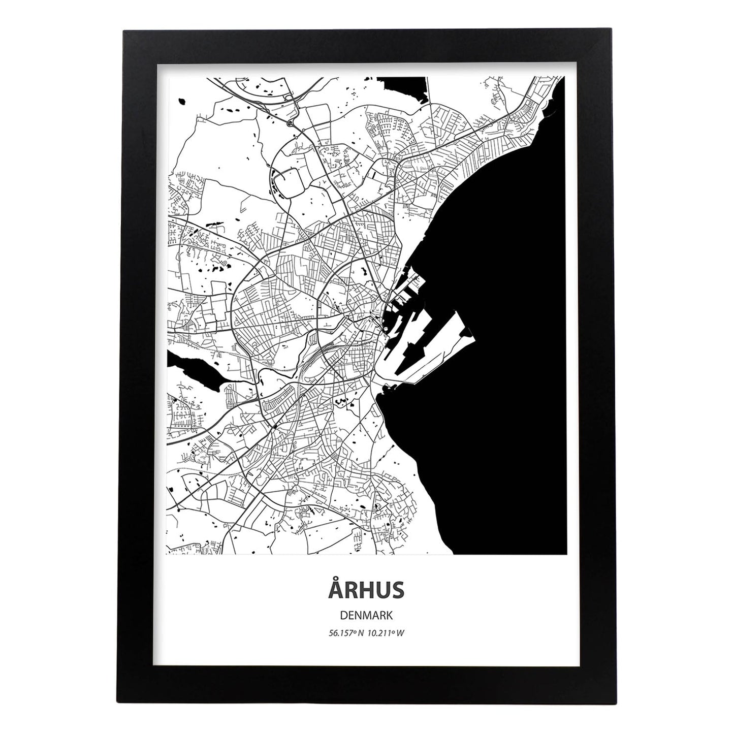 Poster con mapa de Arhus - Dinamarca. Láminas de ciudades del norte de Europa con mares y ríos en color negro.-Artwork-Nacnic-A3-Marco Negro-Nacnic Estudio SL