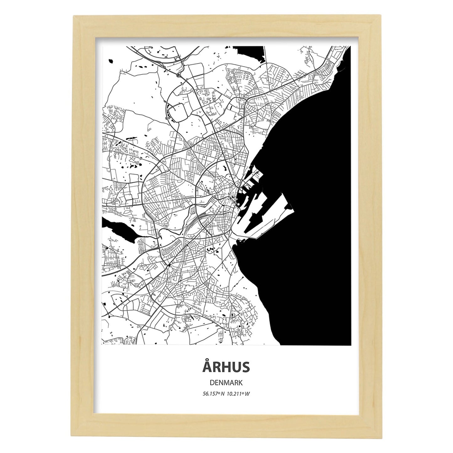 Poster con mapa de Arhus - Dinamarca. Láminas de ciudades del norte de Europa con mares y ríos en color negro.-Artwork-Nacnic-A4-Marco Madera clara-Nacnic Estudio SL