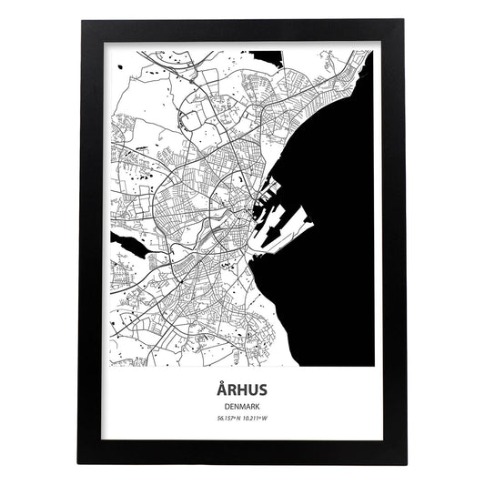 Poster con mapa de Arhus - Dinamarca. Láminas de ciudades del norte de Europa con mares y ríos en color negro.-Artwork-Nacnic-A4-Marco Negro-Nacnic Estudio SL