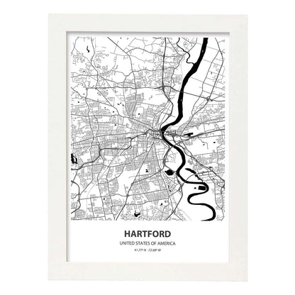 Poster con mapa de artford - USA. Láminas de ciudades de Estados Unidos con mares y ríos en color negro.-Artwork-Nacnic-A4-Marco Blanco-Nacnic Estudio SL