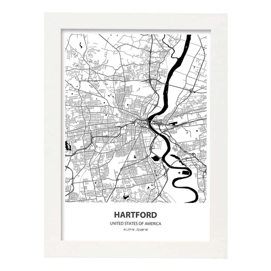 Poster con mapa de artford - USA. Láminas de ciudades de Estados Unidos con mares y ríos en color negro.-Artwork-Nacnic-A4-Marco Blanco-Nacnic Estudio SL