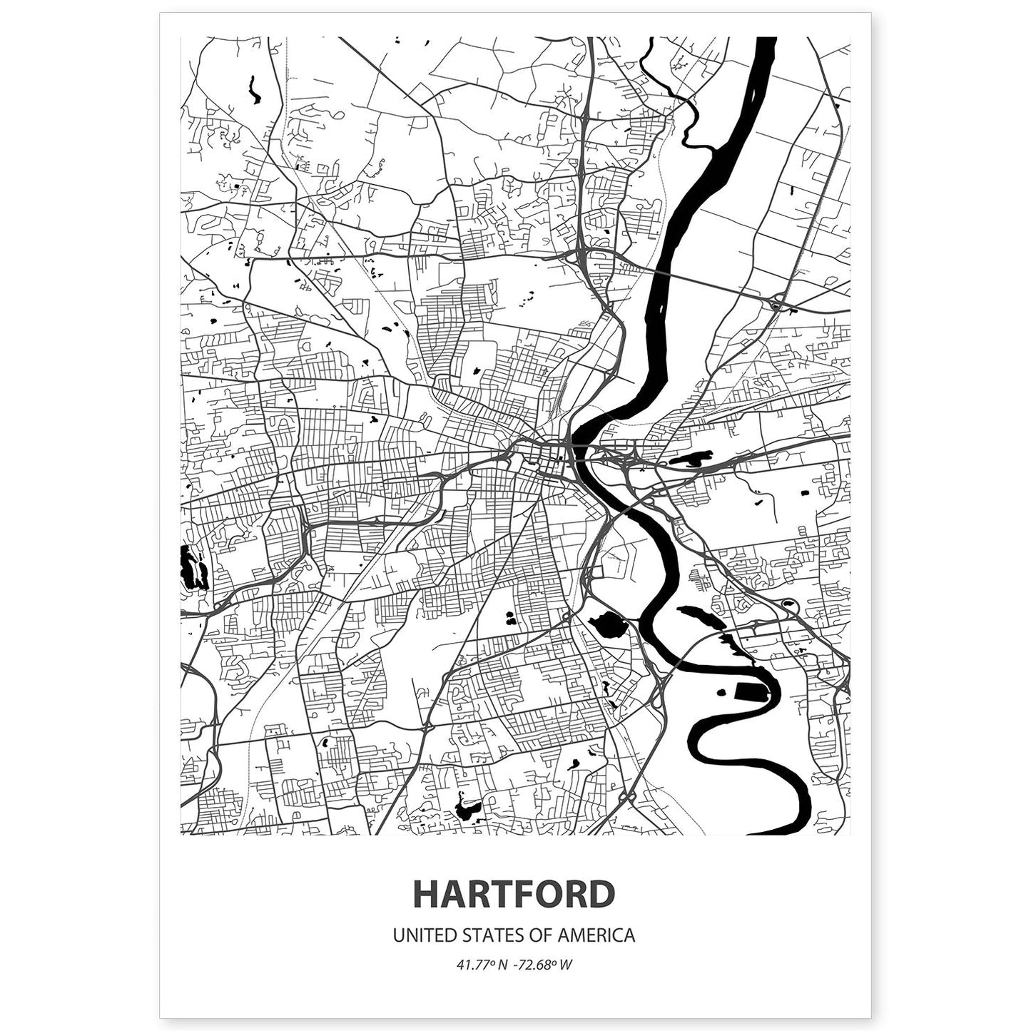 Poster con mapa de artford - USA. Láminas de ciudades de Estados Unidos con mares y ríos en color negro.-Artwork-Nacnic-A4-Sin marco-Nacnic Estudio SL