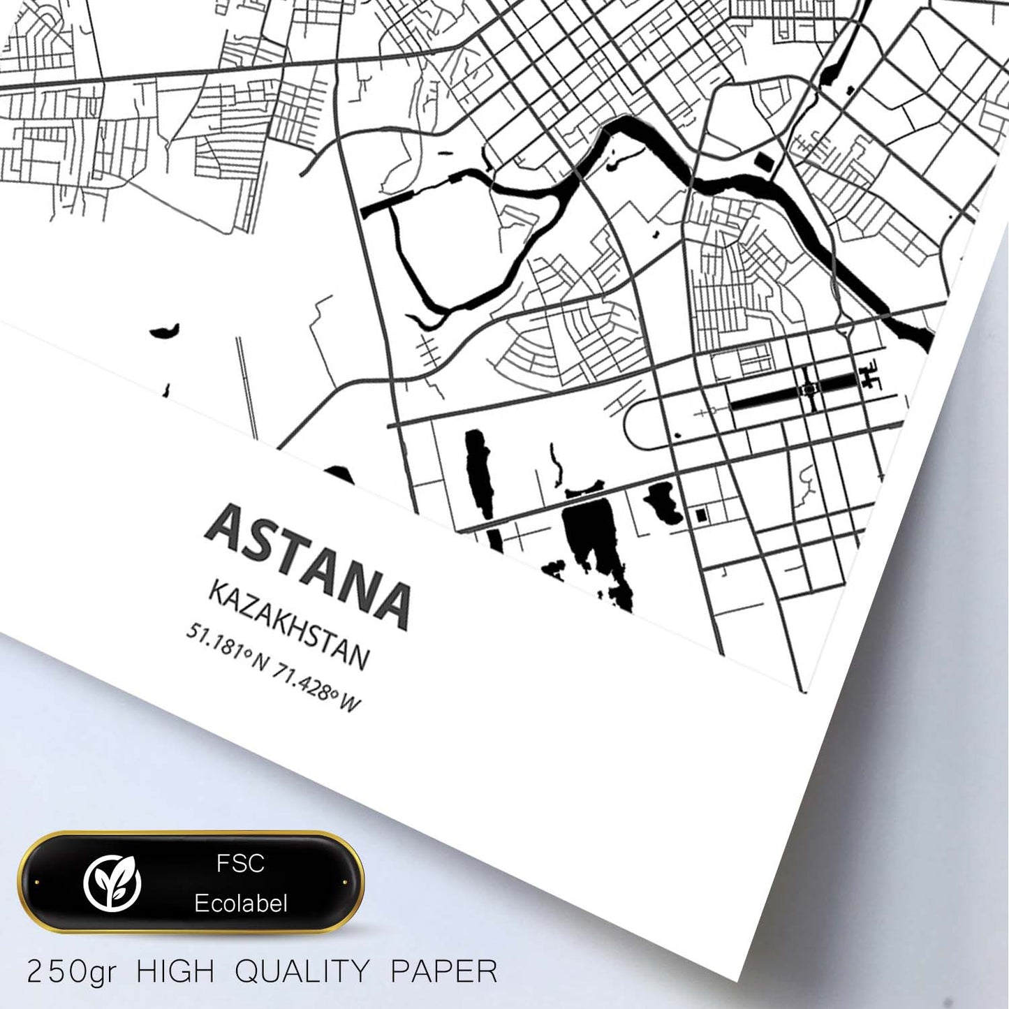 Poster con mapa de Astana - Kazajistán. Láminas de ciudades de Asia con mares y ríos en color negro.-Artwork-Nacnic-Nacnic Estudio SL