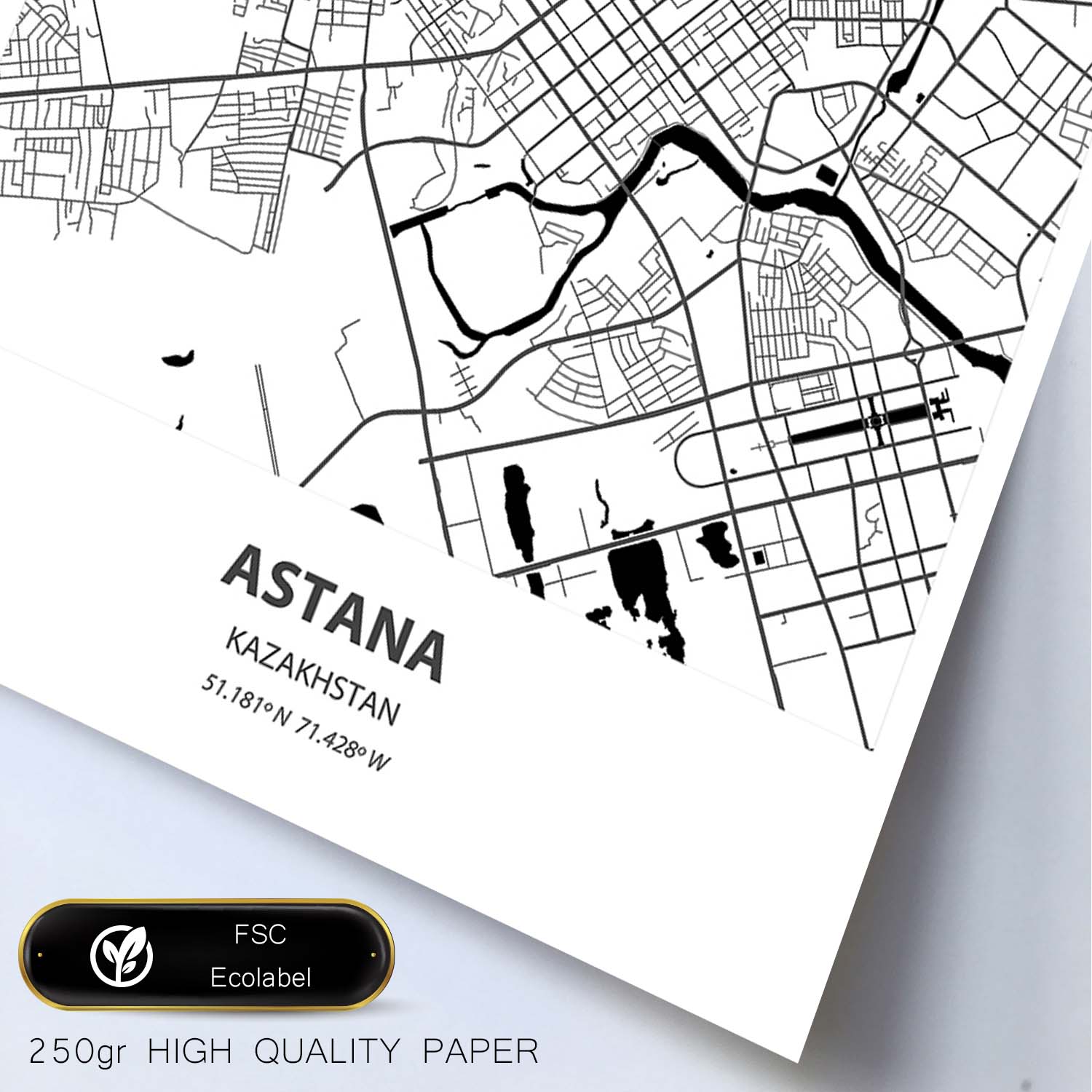 Poster con mapa de Astana - Kazajistán. Láminas de ciudades de Asia con mares y ríos en color negro.-Artwork-Nacnic-Nacnic Estudio SL