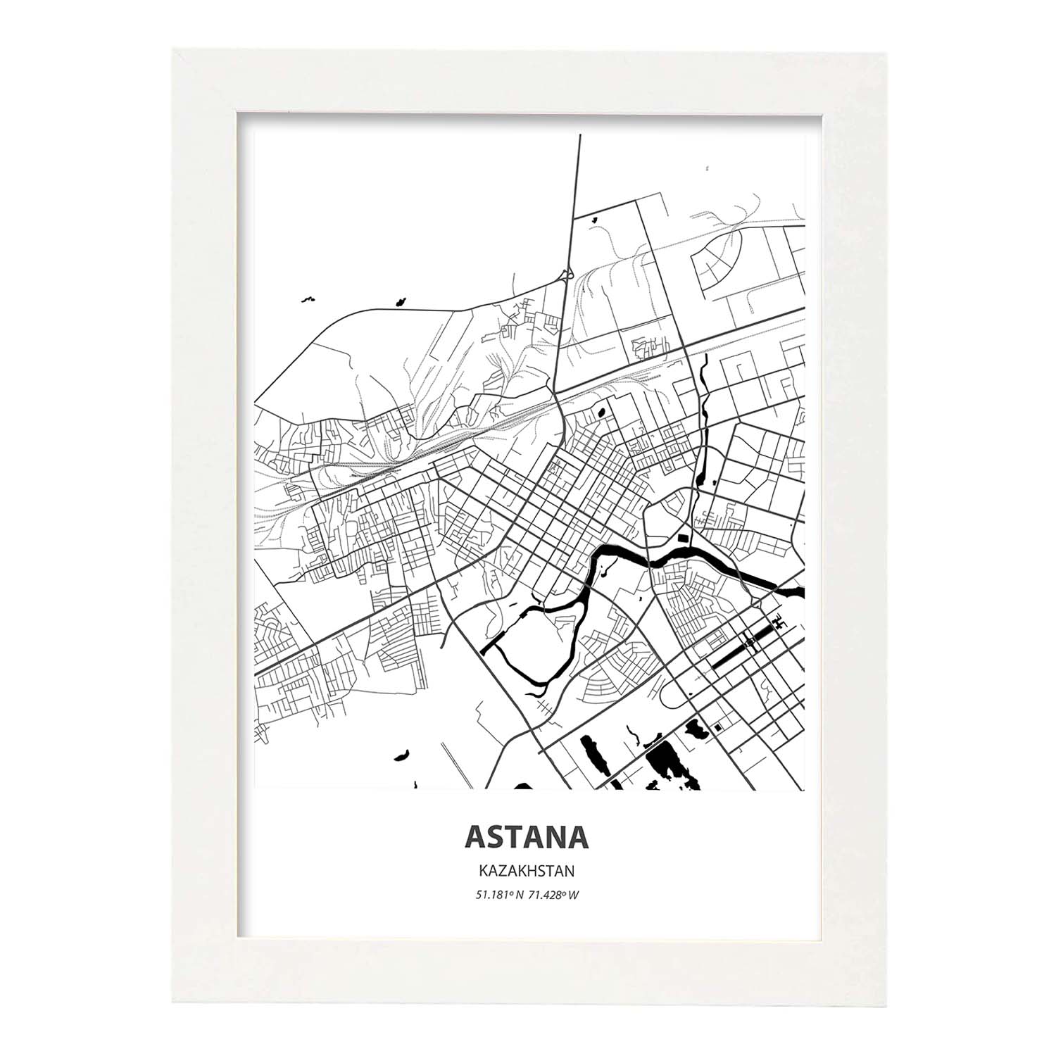 Poster con mapa de Astana - Kazajistán. Láminas de ciudades de Asia con mares y ríos en color negro.-Artwork-Nacnic-A3-Marco Blanco-Nacnic Estudio SL