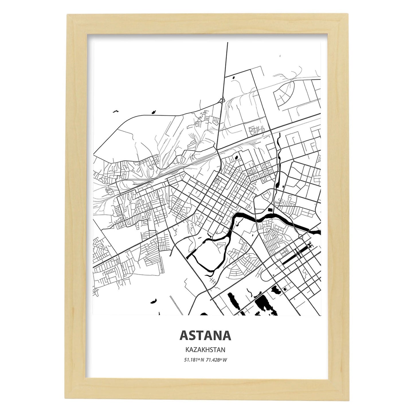 Poster con mapa de Astana - Kazajistán. Láminas de ciudades de Asia con mares y ríos en color negro.-Artwork-Nacnic-A3-Marco Madera clara-Nacnic Estudio SL