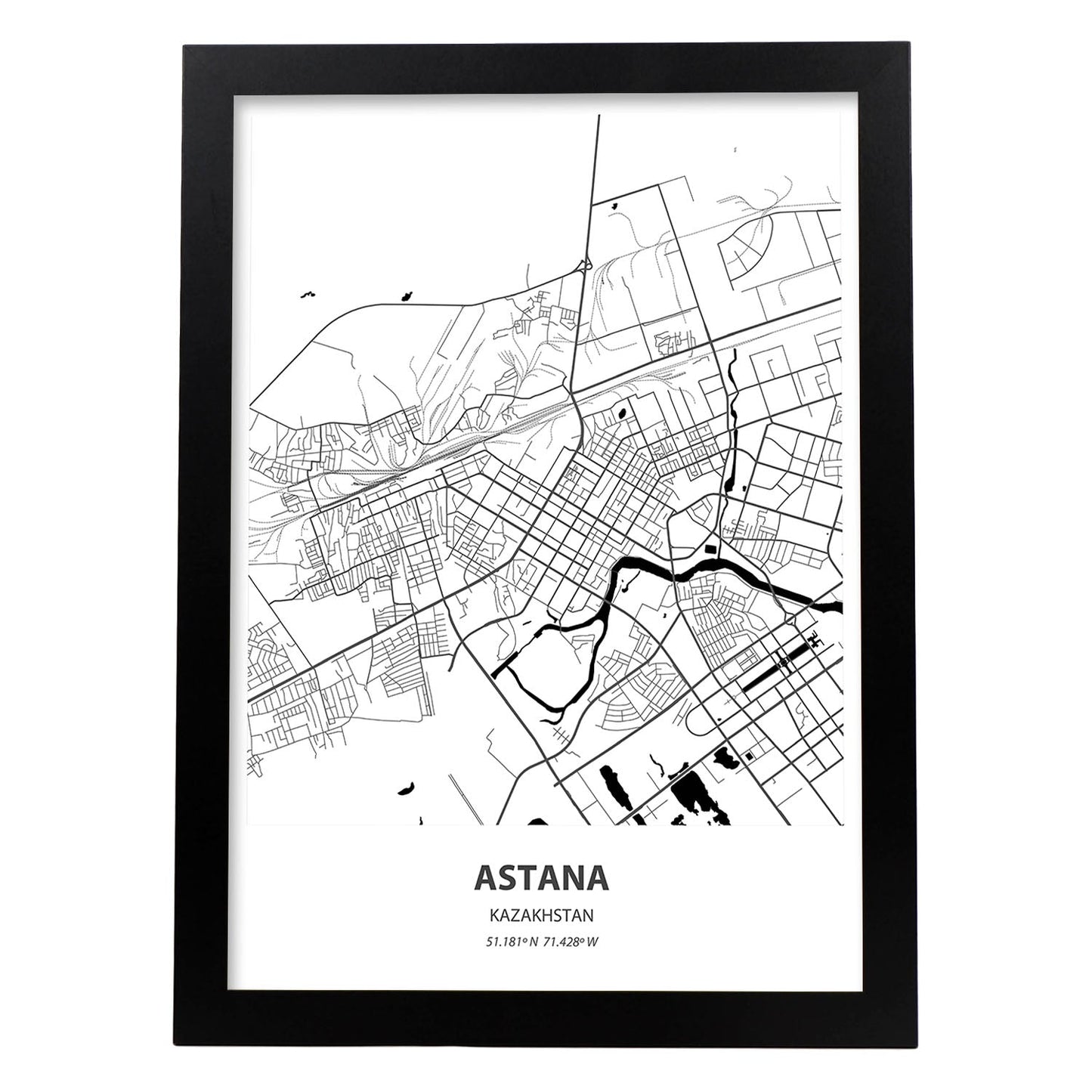 Poster con mapa de Astana - Kazajistán. Láminas de ciudades de Asia con mares y ríos en color negro.-Artwork-Nacnic-A3-Marco Negro-Nacnic Estudio SL