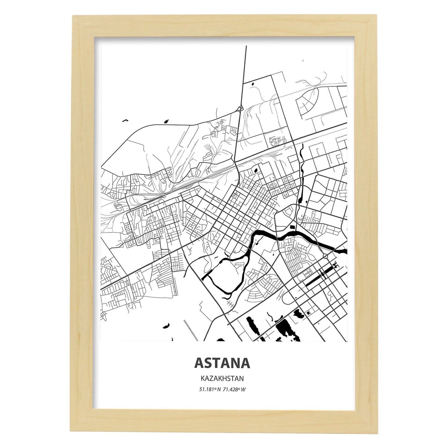Poster con mapa de Astana - Kazajistán. Láminas de ciudades de Asia con mares y ríos en color negro.-Artwork-Nacnic-A4-Marco Madera clara-Nacnic Estudio SL
