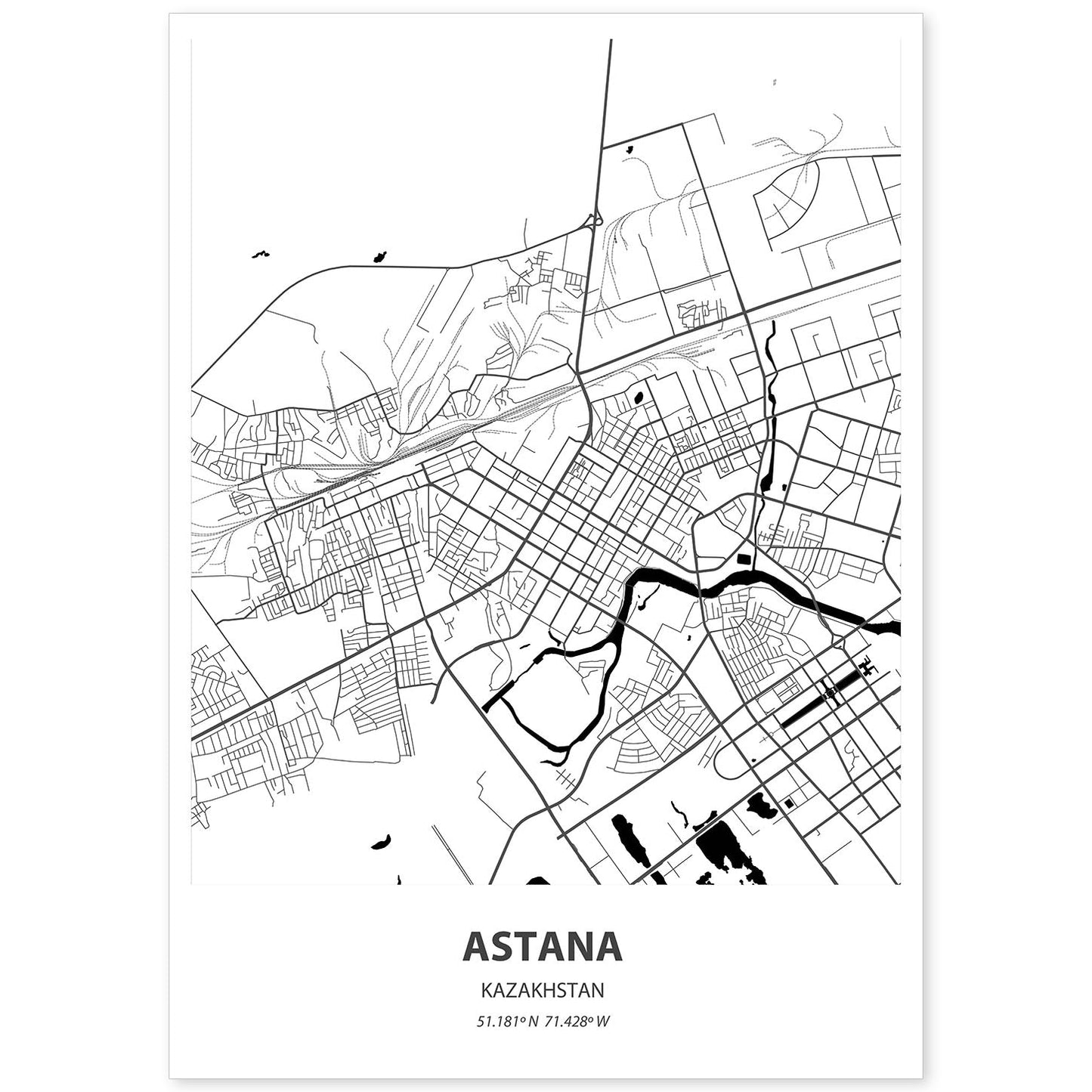 Poster con mapa de Astana - Kazajistán. Láminas de ciudades de Asia con mares y ríos en color negro.-Artwork-Nacnic-A4-Sin marco-Nacnic Estudio SL