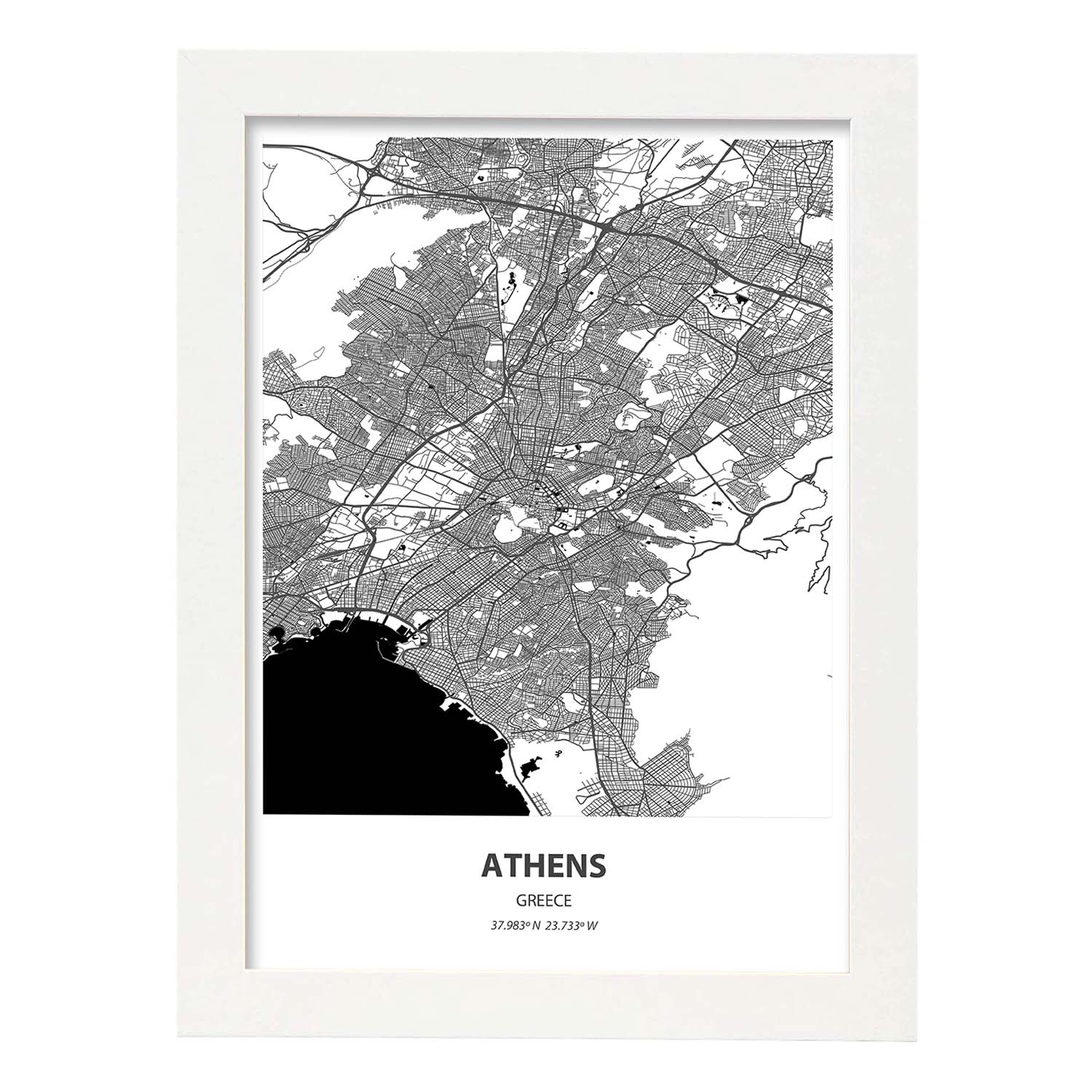 Poster con mapa de Athens - Grecia. Láminas de ciudades de Europa con mares y ríos en color negro.-Artwork-Nacnic-A3-Marco Blanco-Nacnic Estudio SL