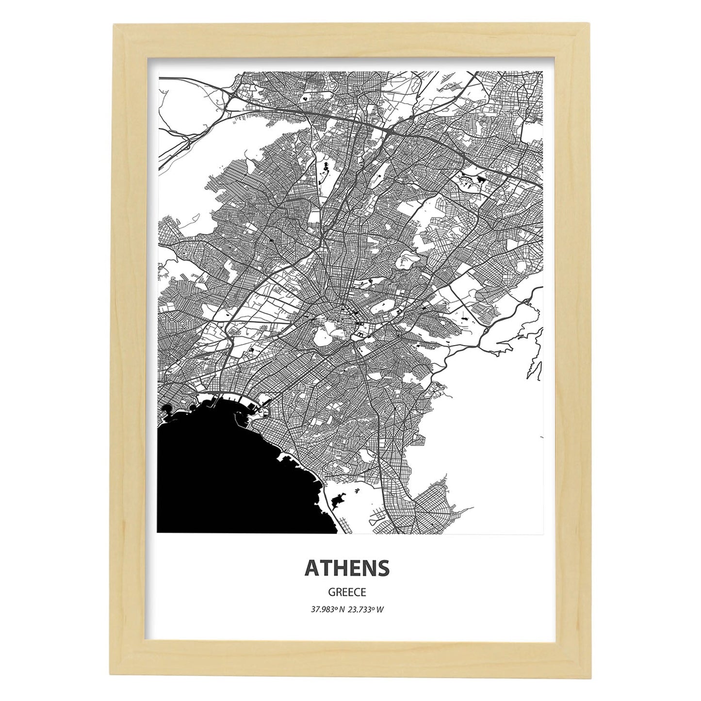 Poster con mapa de Athens - Grecia. Láminas de ciudades de Europa con mares y ríos en color negro.-Artwork-Nacnic-A3-Marco Madera clara-Nacnic Estudio SL