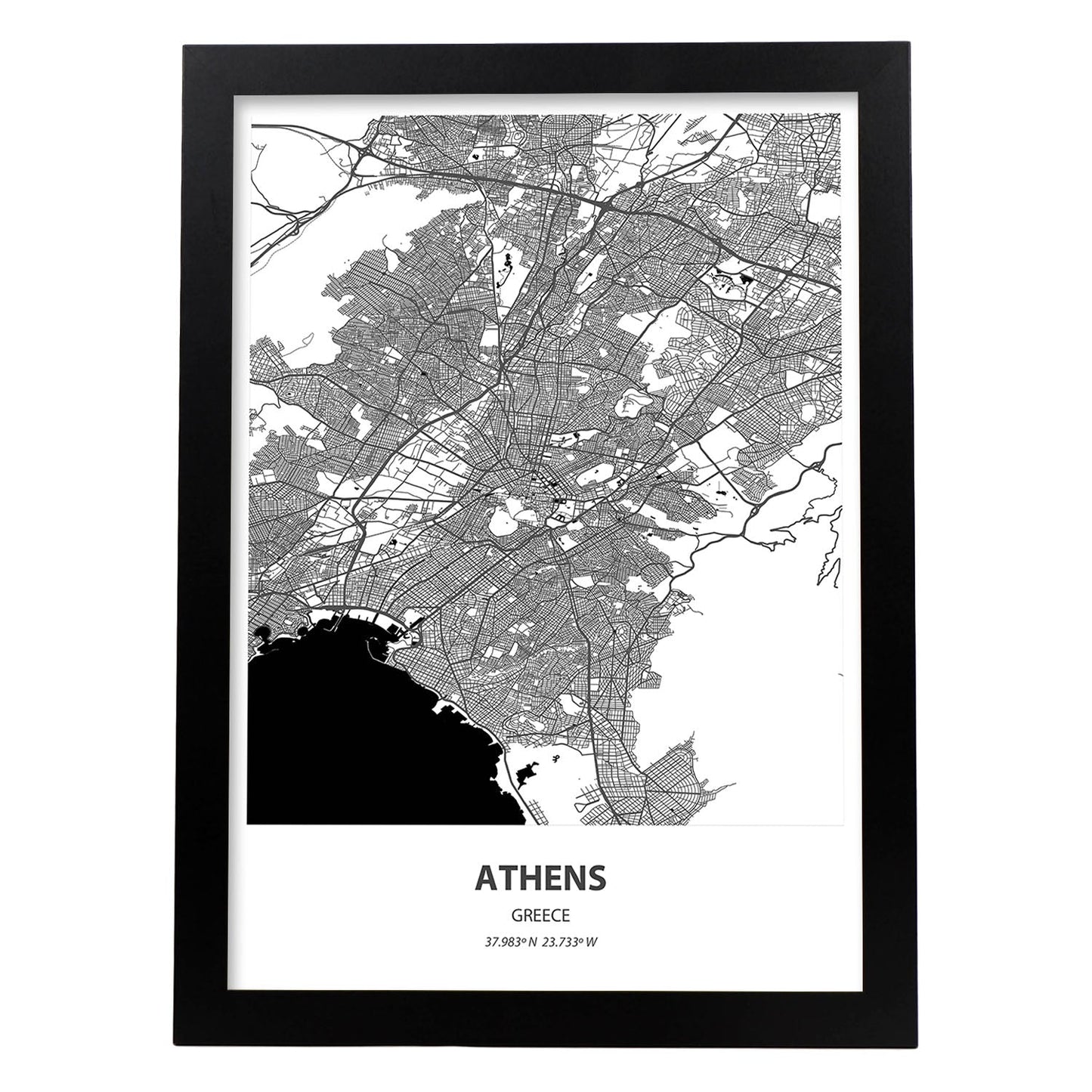 Poster con mapa de Athens - Grecia. Láminas de ciudades de Europa con mares y ríos en color negro.-Artwork-Nacnic-A3-Marco Negro-Nacnic Estudio SL