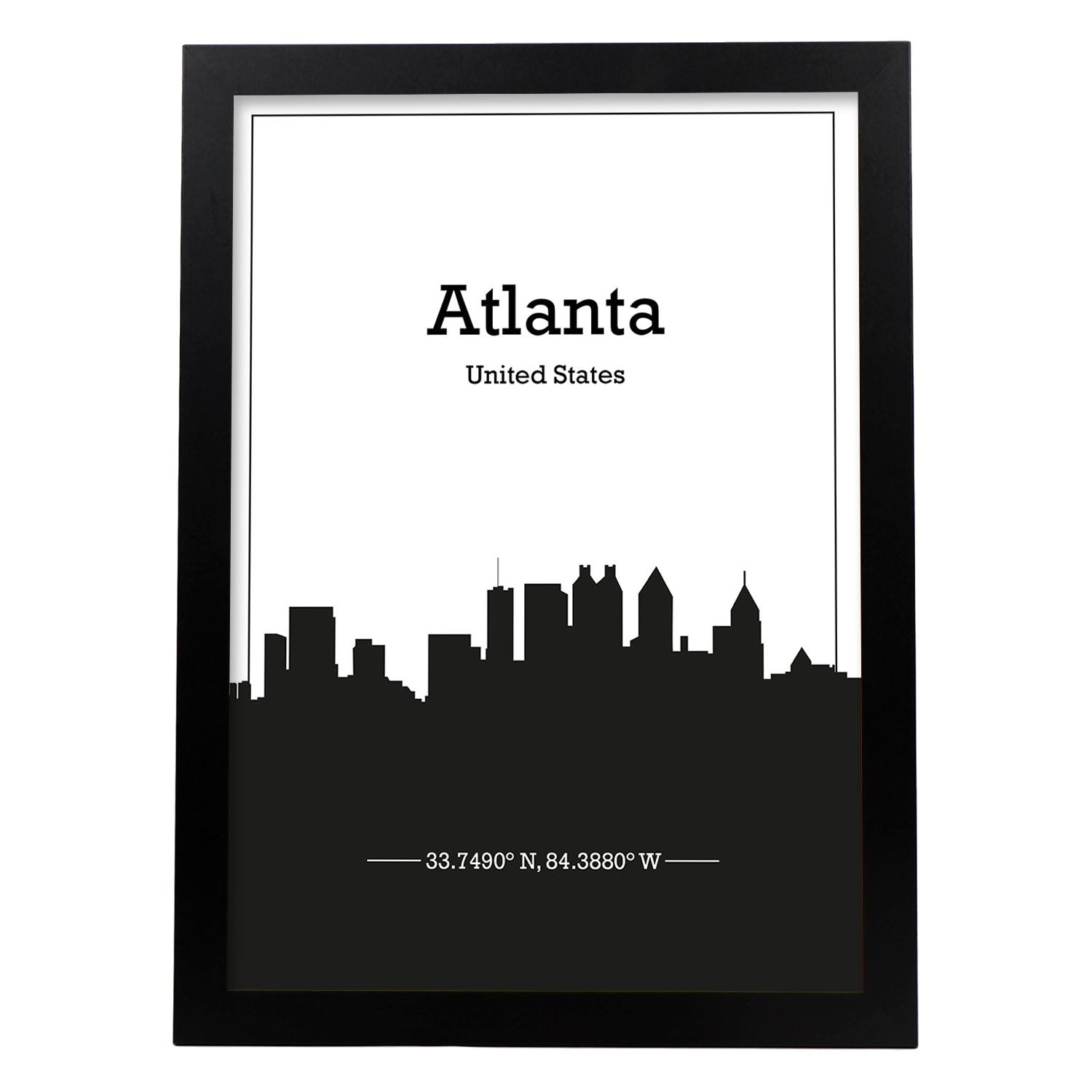 Poster con mapa de Atlanta - USA. Láminas con Skyline de ciudades de Estados Unidos, Canada, Mexico con sombra negra.-Artwork-Nacnic-A3-Marco Negro-Nacnic Estudio SL