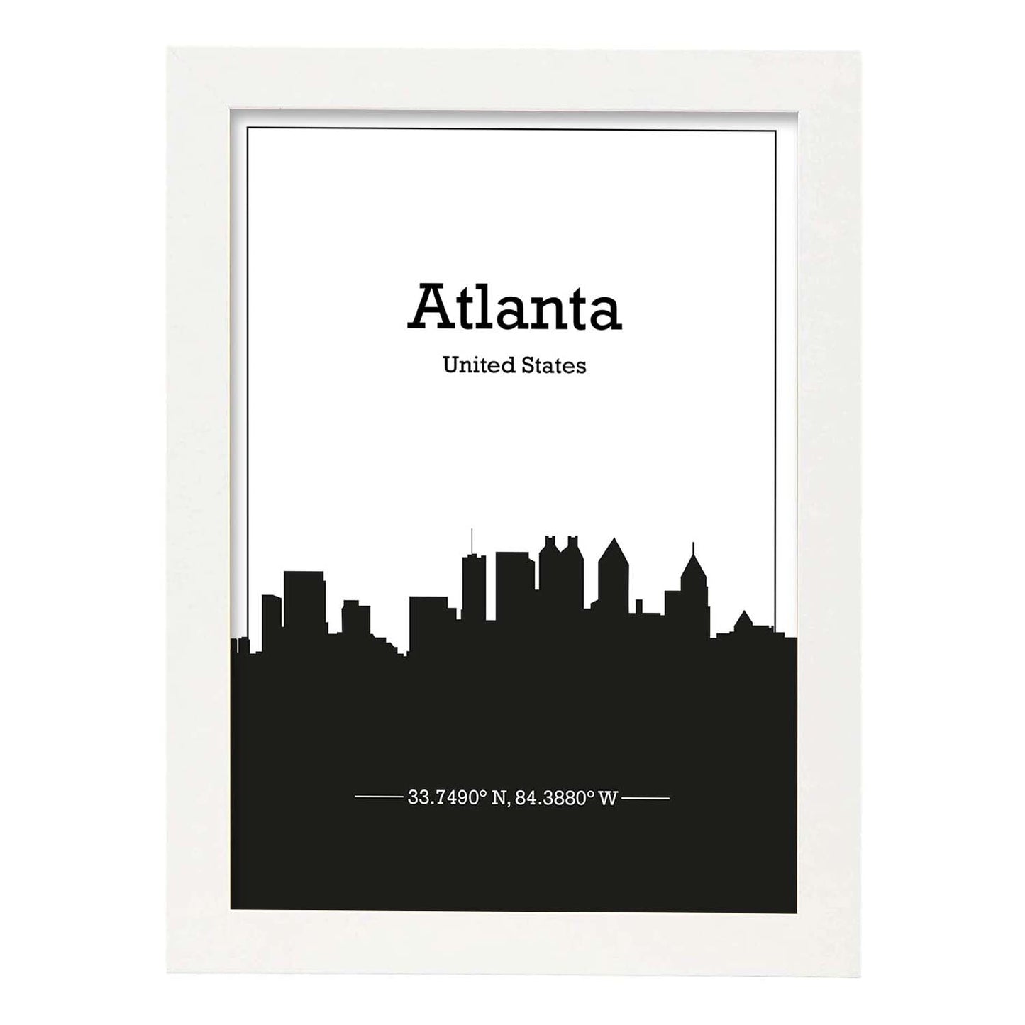 Poster con mapa de Atlanta - USA. Láminas con Skyline de ciudades de Estados Unidos, Canada, Mexico con sombra negra.-Artwork-Nacnic-A4-Marco Blanco-Nacnic Estudio SL