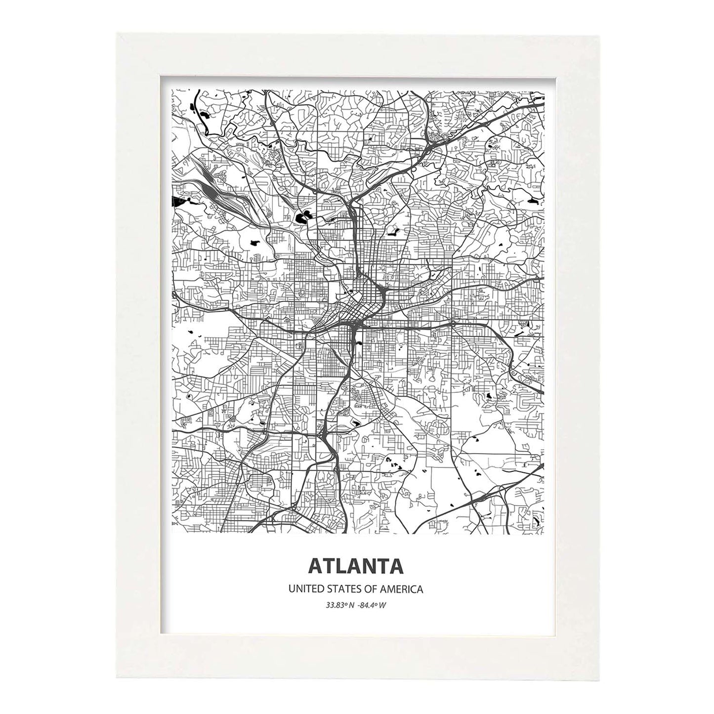 Poster con mapa de Atlanta - USA. Láminas de ciudades de Estados Unidos con mares y ríos en color negro.-Artwork-Nacnic-A3-Marco Blanco-Nacnic Estudio SL