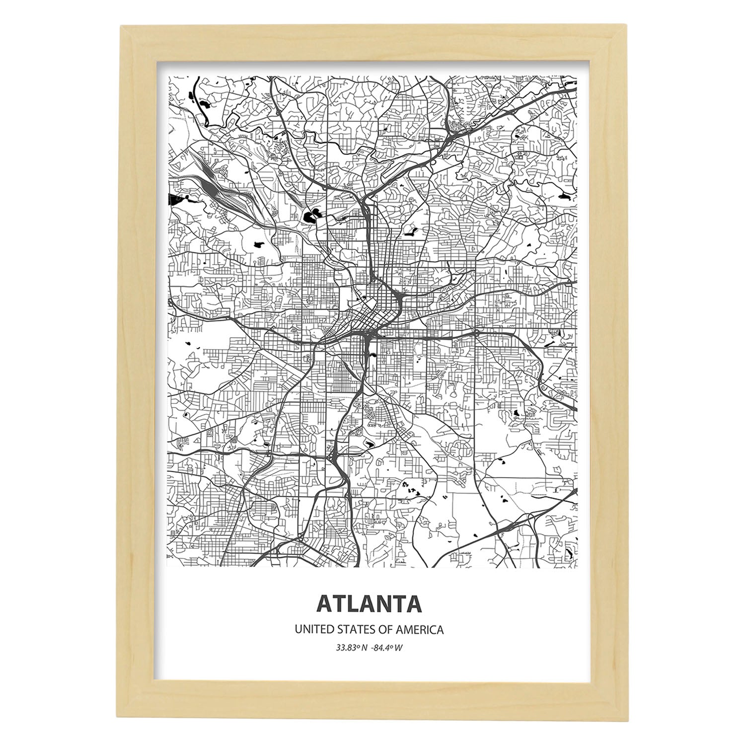Poster con mapa de Atlanta - USA. Láminas de ciudades de Estados Unidos con mares y ríos en color negro.-Artwork-Nacnic-A3-Marco Madera clara-Nacnic Estudio SL