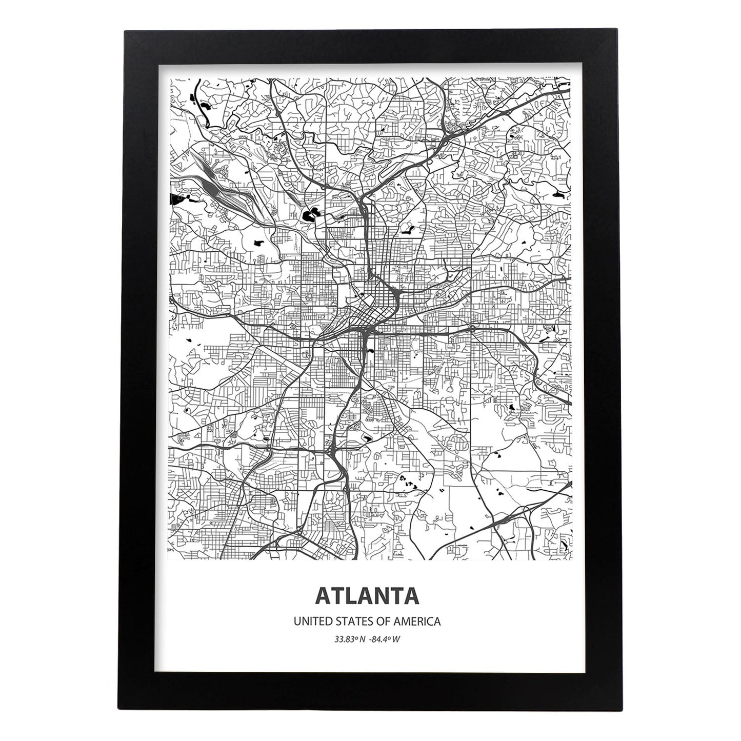 Poster con mapa de Atlanta - USA. Láminas de ciudades de Estados Unidos con mares y ríos en color negro.-Artwork-Nacnic-A3-Marco Negro-Nacnic Estudio SL