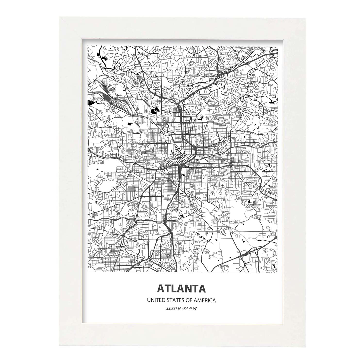 Poster con mapa de Atlanta - USA. Láminas de ciudades de Estados Unidos con mares y ríos en color negro.-Artwork-Nacnic-A4-Marco Blanco-Nacnic Estudio SL