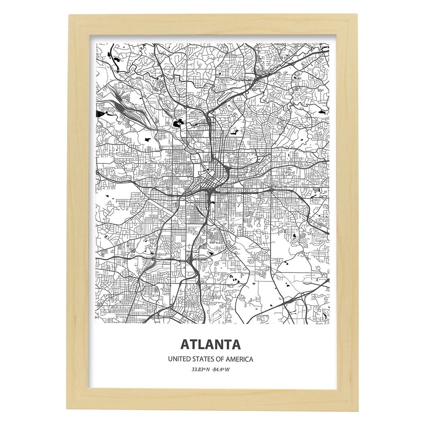 Poster con mapa de Atlanta - USA. Láminas de ciudades de Estados Unidos con mares y ríos en color negro.-Artwork-Nacnic-A4-Marco Madera clara-Nacnic Estudio SL
