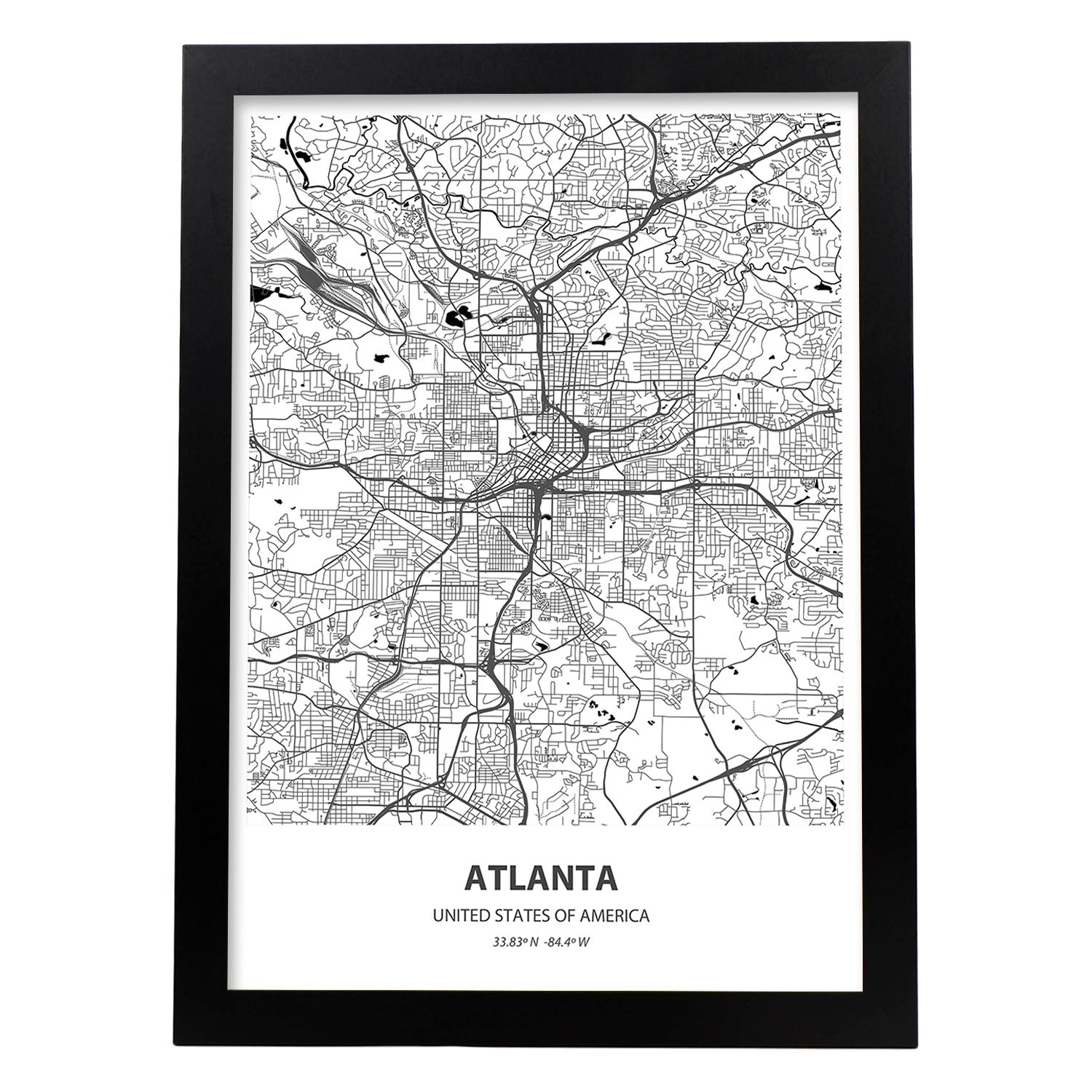 Poster con mapa de Atlanta - USA. Láminas de ciudades de Estados Unidos con mares y ríos en color negro.-Artwork-Nacnic-A4-Marco Negro-Nacnic Estudio SL