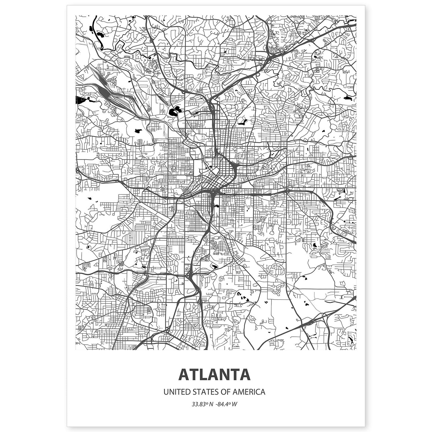 Poster con mapa de Atlanta - USA. Láminas de ciudades de Estados Unidos con mares y ríos en color negro.-Artwork-Nacnic-A4-Sin marco-Nacnic Estudio SL