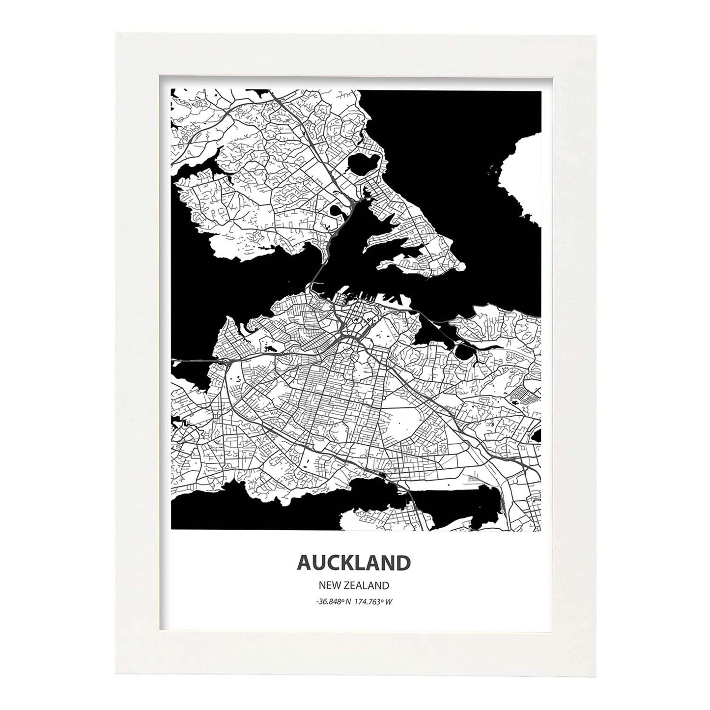Poster con mapa de Auckland - Nueva Zelanda. Láminas de ciudades de Australia con mares y ríos en color negro.-Artwork-Nacnic-A3-Marco Blanco-Nacnic Estudio SL