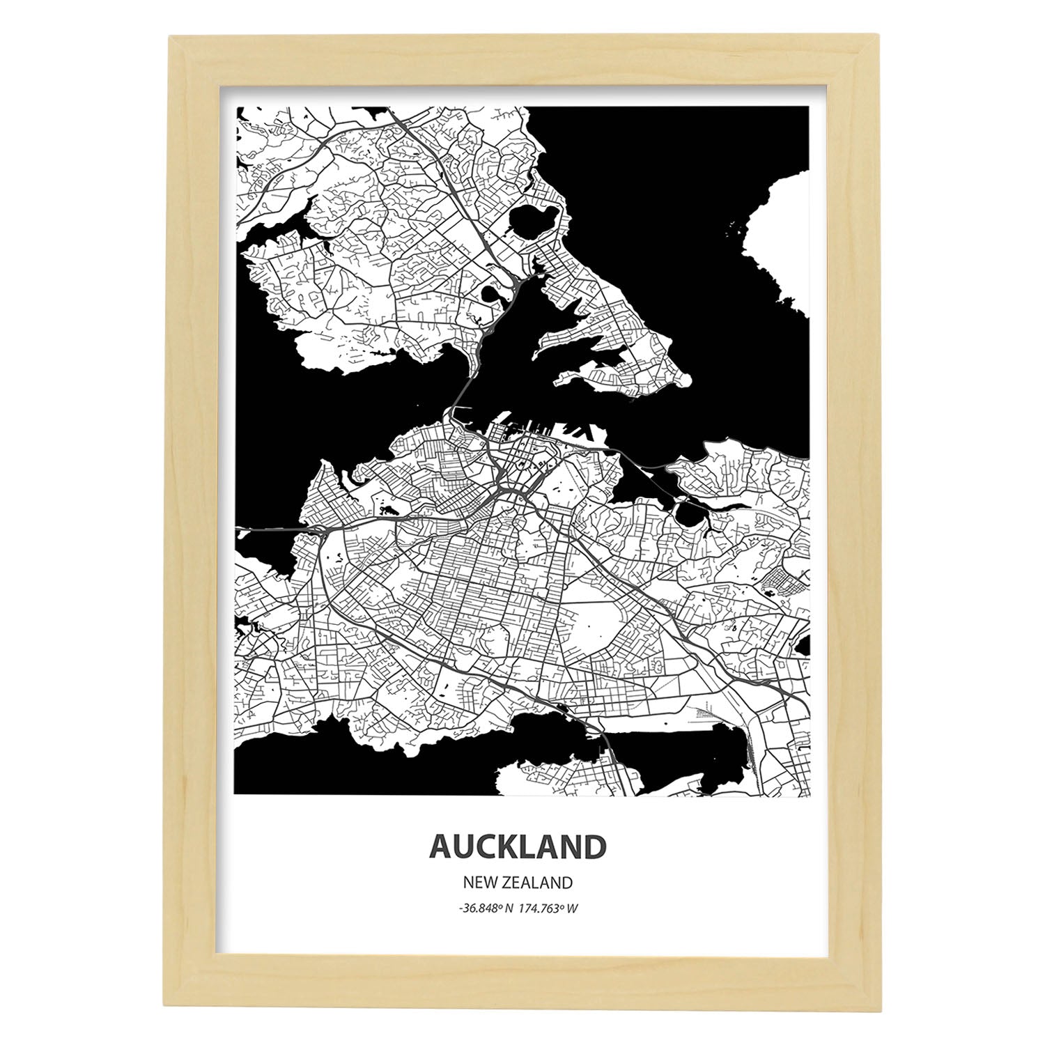 Poster con mapa de Auckland - Nueva Zelanda. Láminas de ciudades de Australia con mares y ríos en color negro.-Artwork-Nacnic-A3-Marco Madera clara-Nacnic Estudio SL
