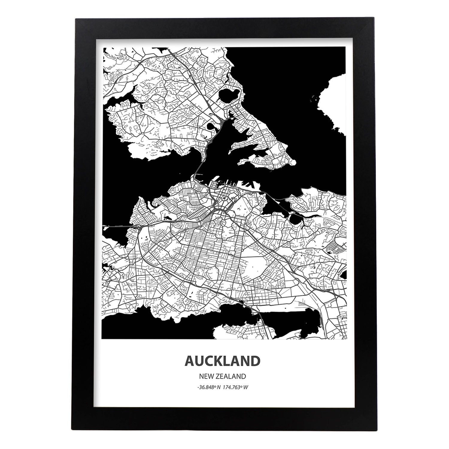 Poster con mapa de Auckland - Nueva Zelanda. Láminas de ciudades de Australia con mares y ríos en color negro.-Artwork-Nacnic-A3-Marco Negro-Nacnic Estudio SL