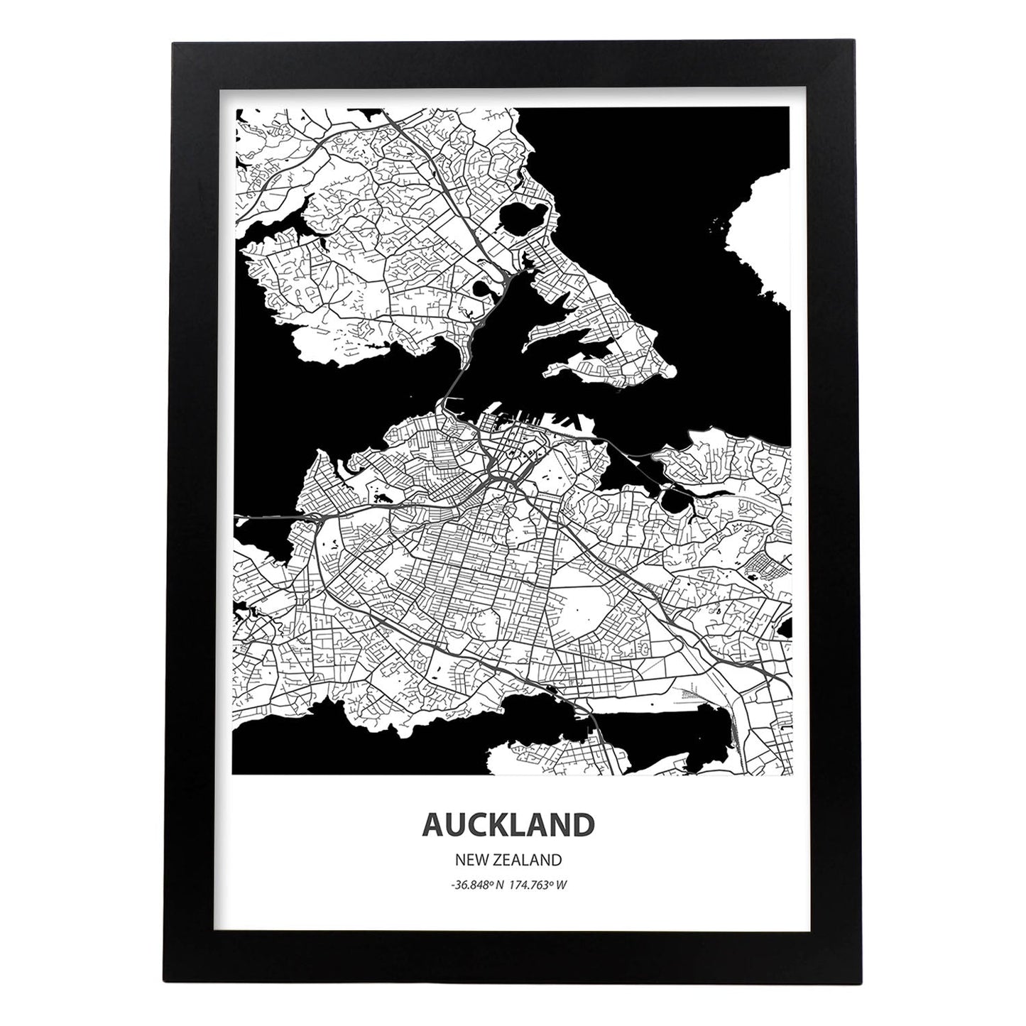 Poster con mapa de Auckland - Nueva Zelanda. Láminas de ciudades de Australia con mares y ríos en color negro.-Artwork-Nacnic-A4-Marco Negro-Nacnic Estudio SL