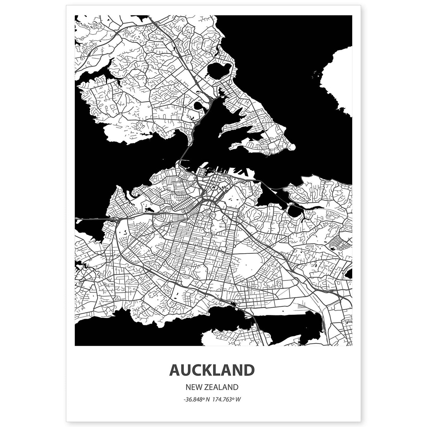 Poster con mapa de Auckland - Nueva Zelanda. Láminas de ciudades de Australia con mares y ríos en color negro.-Artwork-Nacnic-A4-Sin marco-Nacnic Estudio SL