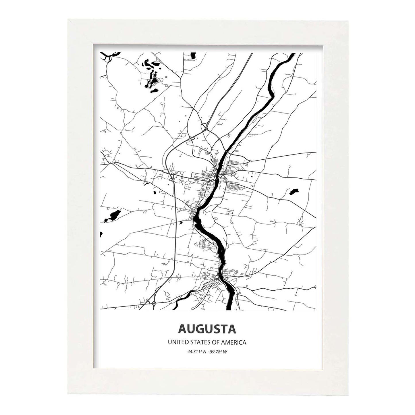 Poster con mapa de Augusta - USA. Láminas de ciudades de Estados Unidos con mares y ríos en color negro.-Artwork-Nacnic-A3-Marco Blanco-Nacnic Estudio SL