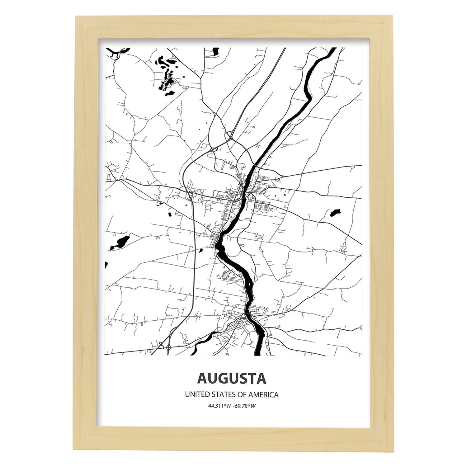 Poster con mapa de Augusta - USA. Láminas de ciudades de Estados Unidos con mares y ríos en color negro.-Artwork-Nacnic-A3-Marco Madera clara-Nacnic Estudio SL