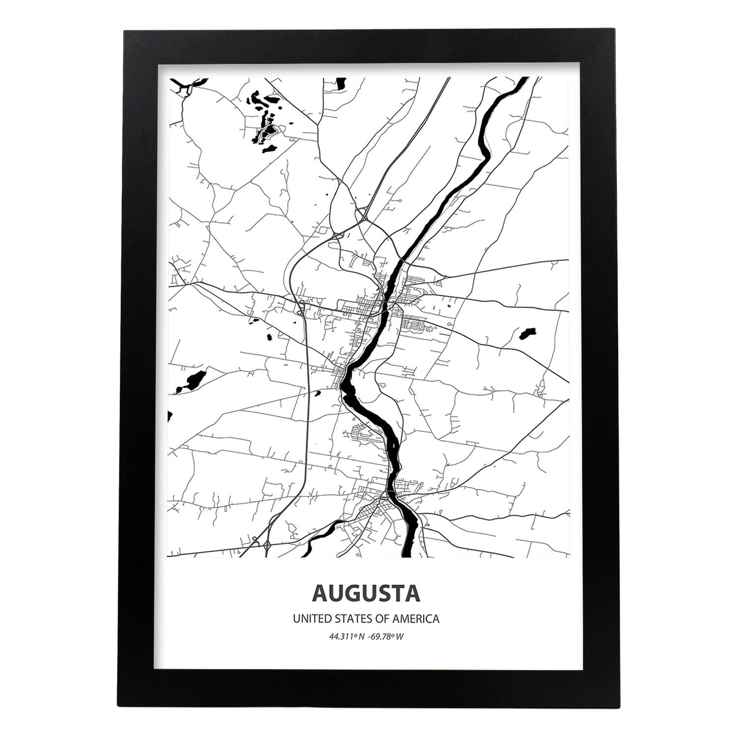 Poster con mapa de Augusta - USA. Láminas de ciudades de Estados Unidos con mares y ríos en color negro.-Artwork-Nacnic-A3-Marco Negro-Nacnic Estudio SL