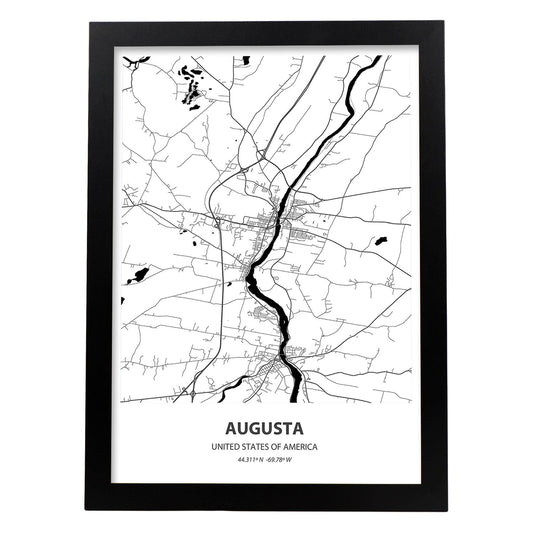 Poster con mapa de Augusta - USA. Láminas de ciudades de Estados Unidos con mares y ríos en color negro.-Artwork-Nacnic-A4-Marco Negro-Nacnic Estudio SL