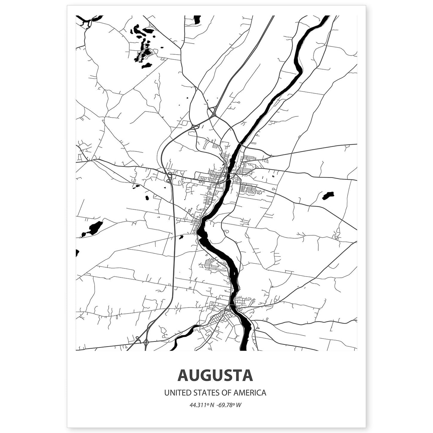 Poster con mapa de Augusta - USA. Láminas de ciudades de Estados Unidos con mares y ríos en color negro.-Artwork-Nacnic-A4-Sin marco-Nacnic Estudio SL