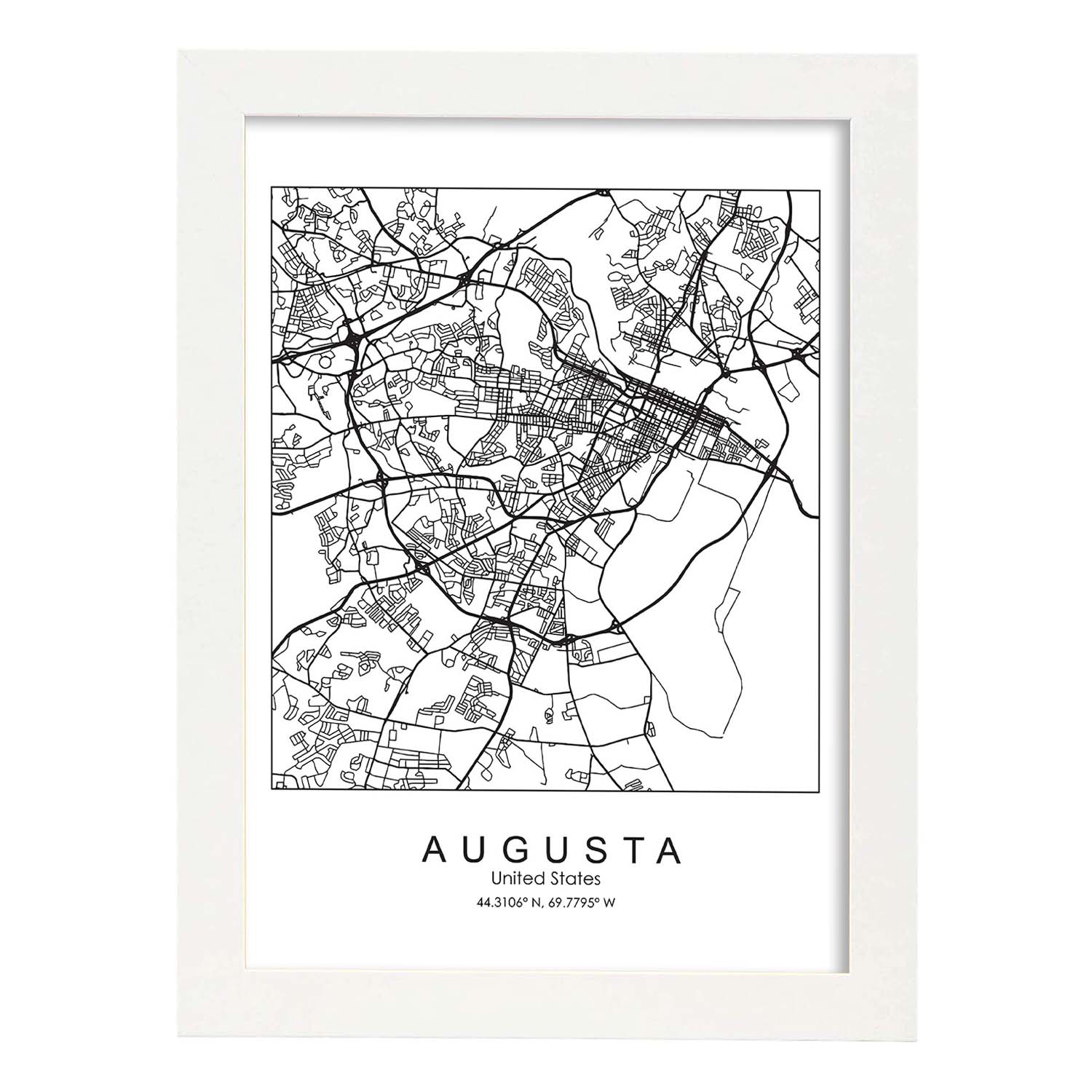 Poster con mapa de Augusta. Lámina de Estados Unidos, con imágenes de mapas y carreteras-Artwork-Nacnic-A3-Marco Blanco-Nacnic Estudio SL