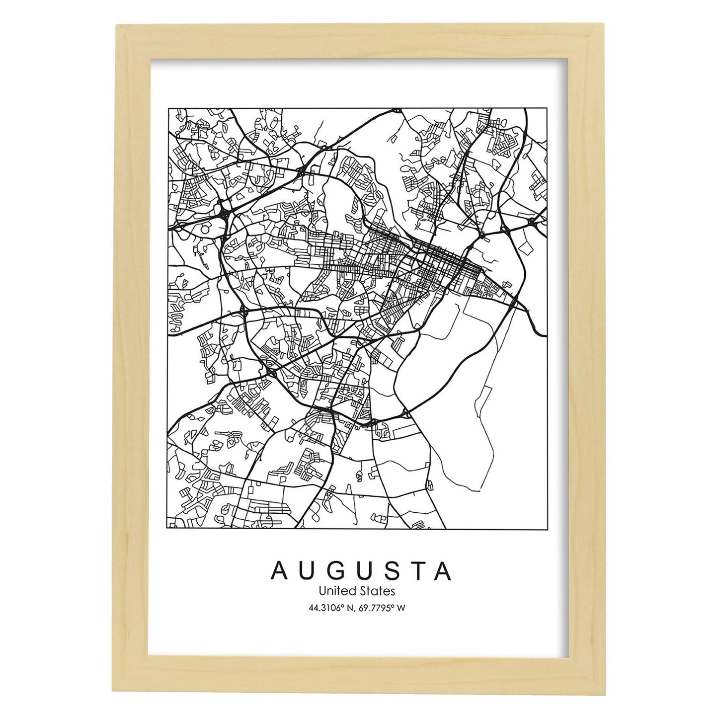 Poster con mapa de Augusta. Lámina de Estados Unidos, con imágenes de mapas y carreteras-Artwork-Nacnic-A3-Marco Madera clara-Nacnic Estudio SL