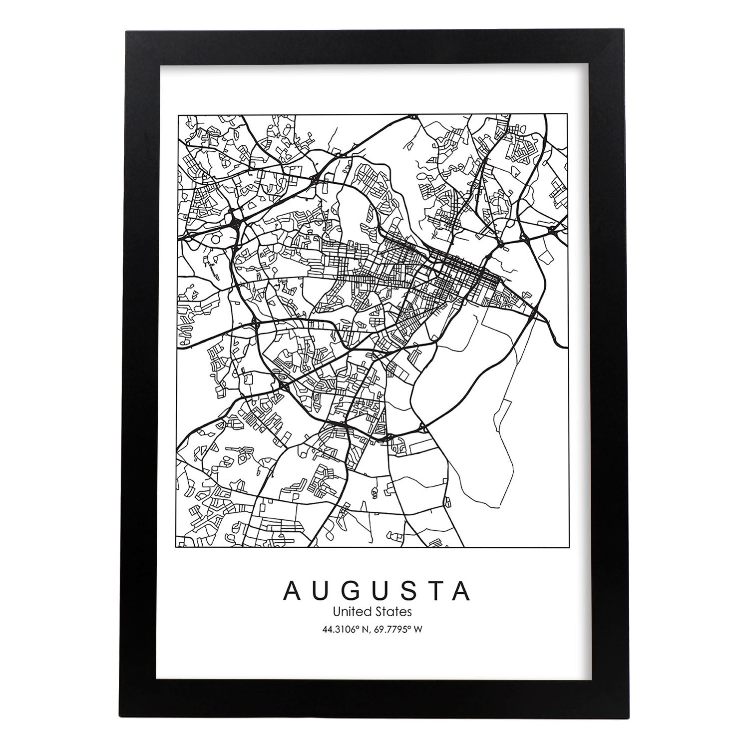 Poster con mapa de Augusta. Lámina de Estados Unidos, con imágenes de mapas y carreteras-Artwork-Nacnic-A3-Marco Negro-Nacnic Estudio SL