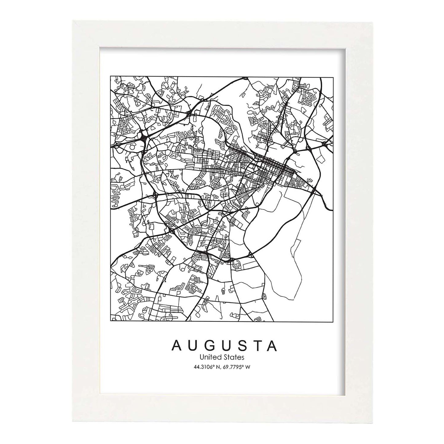 Poster con mapa de Augusta. Lámina de Estados Unidos, con imágenes de mapas y carreteras-Artwork-Nacnic-A4-Marco Blanco-Nacnic Estudio SL