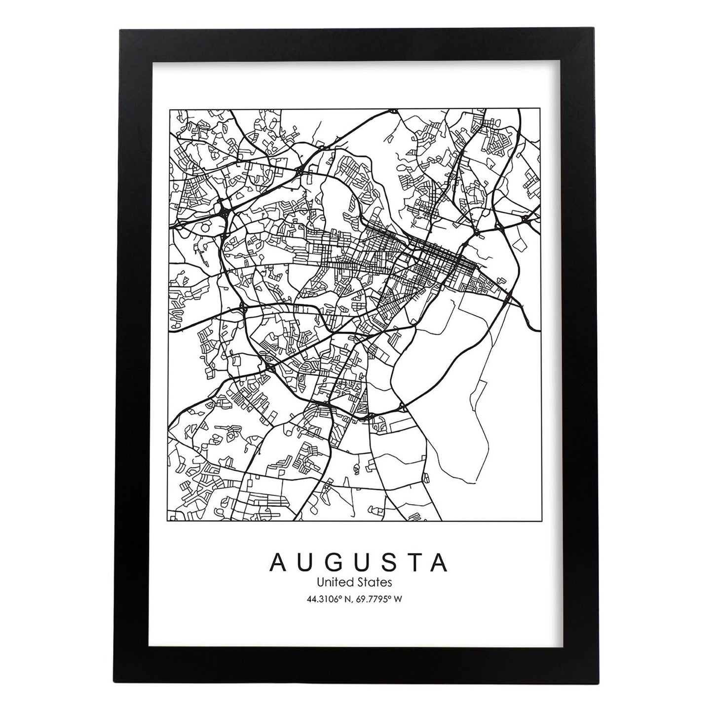 Poster con mapa de Augusta. Lámina de Estados Unidos, con imágenes de mapas y carreteras-Artwork-Nacnic-A4-Marco Negro-Nacnic Estudio SL
