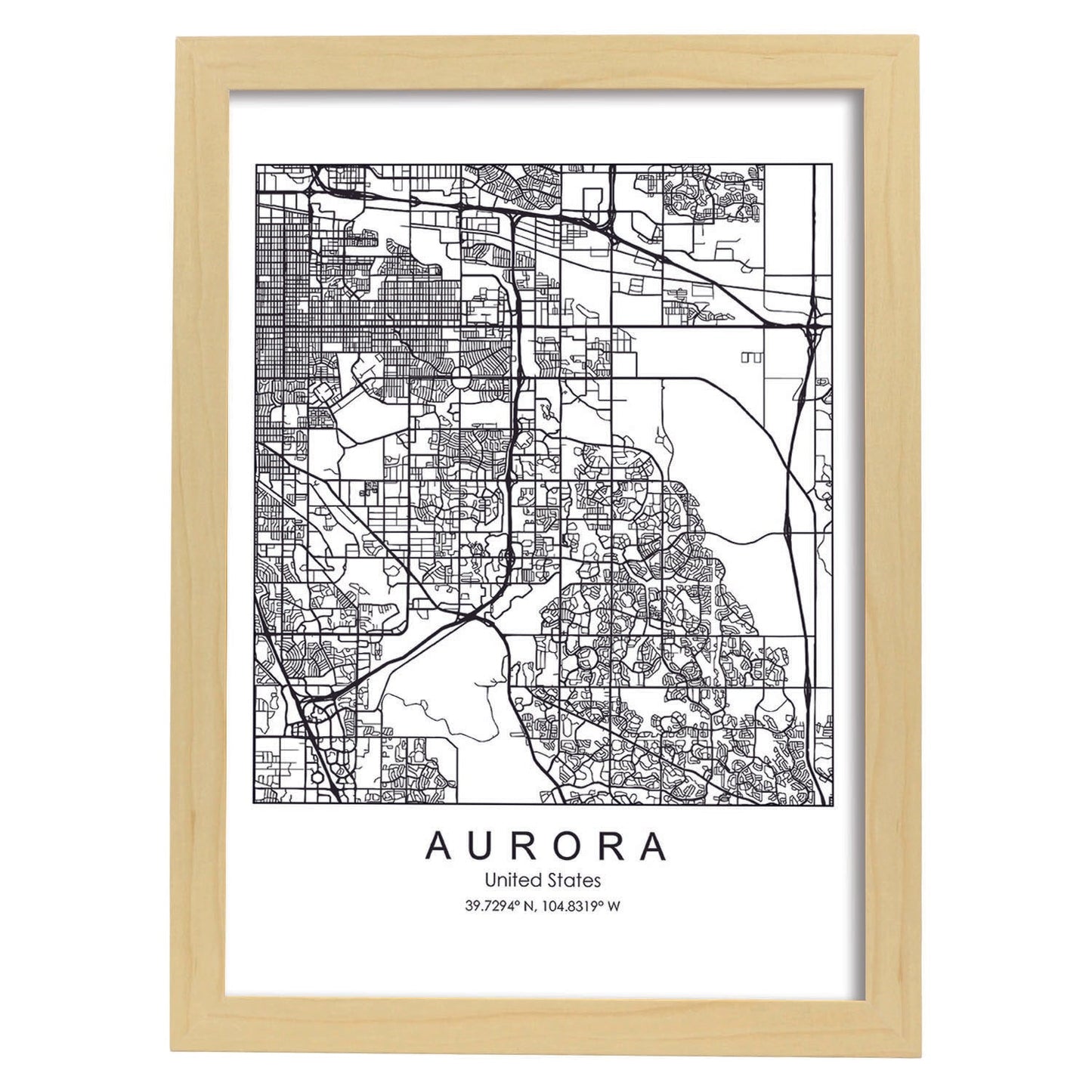 Poster con mapa de Aurora. Lámina de Estados Unidos, con imágenes de mapas y carreteras-Artwork-Nacnic-A4-Marco Madera clara-Nacnic Estudio SL