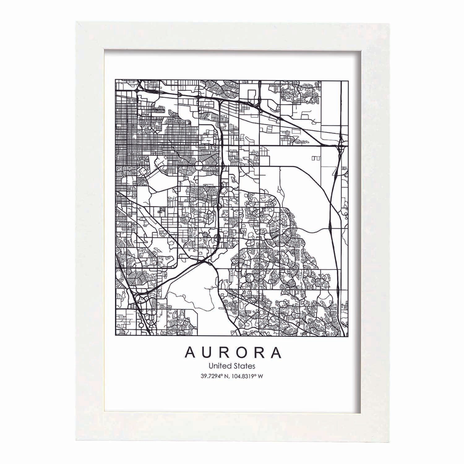 Poster con mapa de Aurora. Lámina de Estados Unidos, con imágenes de mapas y carreteras-Artwork-Nacnic-A3-Marco Blanco-Nacnic Estudio SL