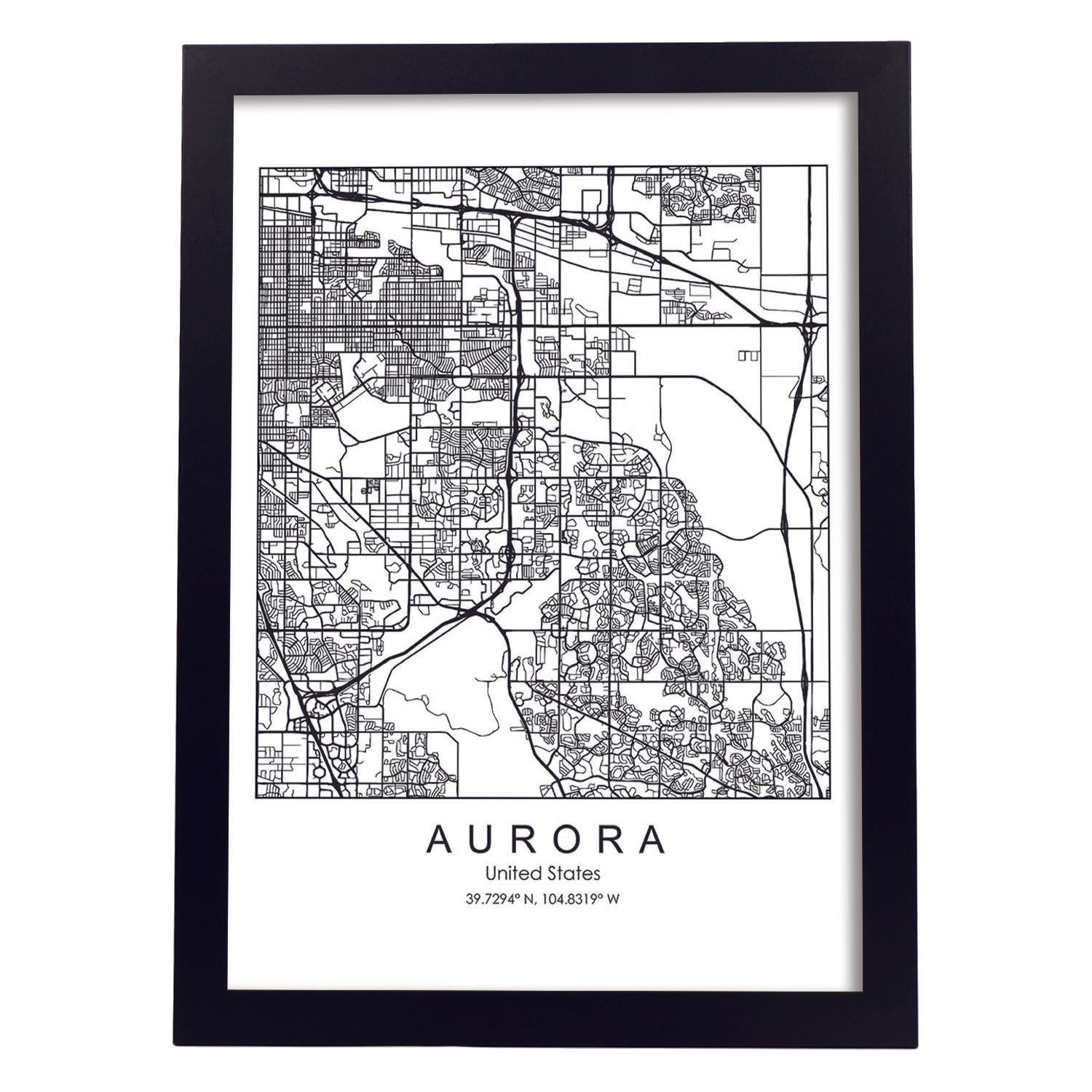 Poster con mapa de Aurora. Lámina de Estados Unidos, con imágenes de mapas y carreteras-Artwork-Nacnic-A3-Marco Negro-Nacnic Estudio SL