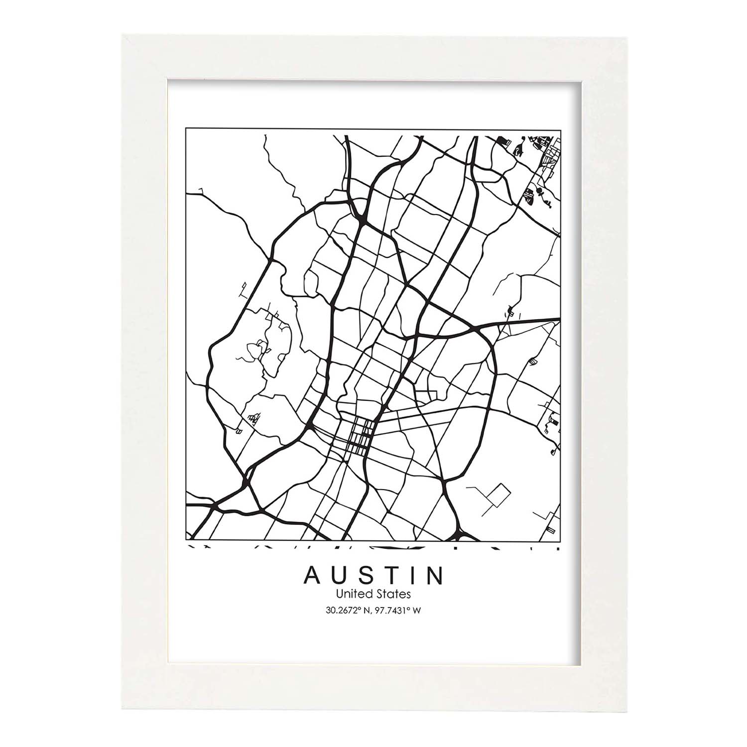 Poster con mapa de Austin. Lámina de Estados Unidos, con imágenes de mapas y carreteras-Artwork-Nacnic-A3-Marco Blanco-Nacnic Estudio SL