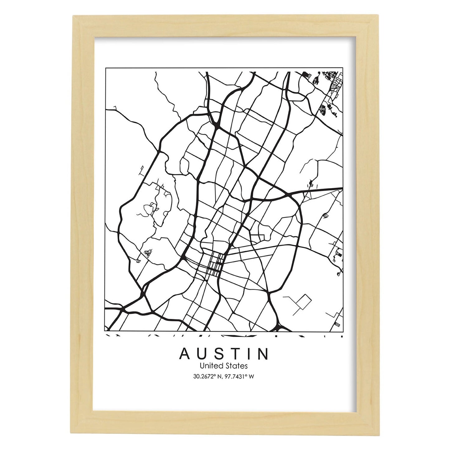 Poster con mapa de Austin. Lámina de Estados Unidos, con imágenes de mapas y carreteras-Artwork-Nacnic-A3-Marco Madera clara-Nacnic Estudio SL