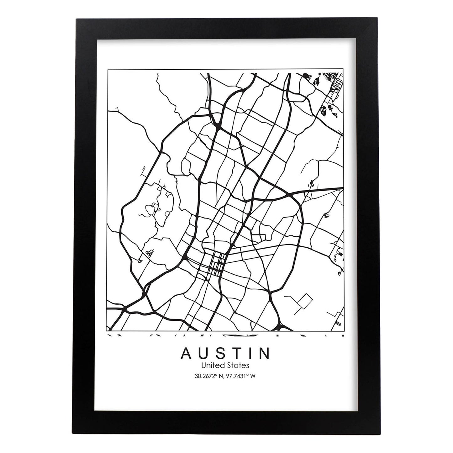 Poster con mapa de Austin. Lámina de Estados Unidos, con imágenes de mapas y carreteras-Artwork-Nacnic-A3-Marco Negro-Nacnic Estudio SL