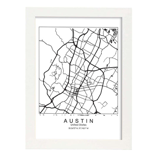 Poster con mapa de Austin. Lámina de Estados Unidos, con imágenes de mapas y carreteras-Artwork-Nacnic-A4-Marco Blanco-Nacnic Estudio SL