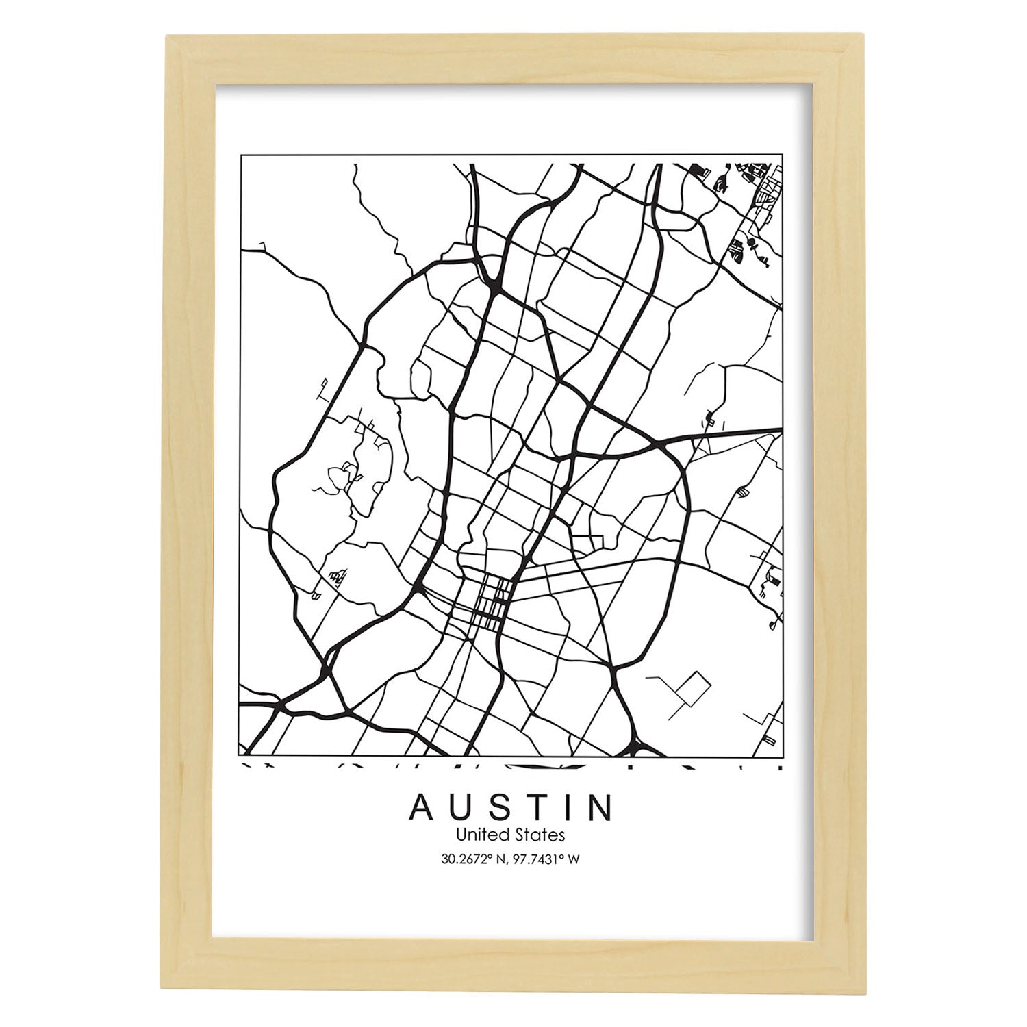 Poster con mapa de Austin. Lámina de Estados Unidos, con imágenes de mapas y carreteras-Artwork-Nacnic-A4-Marco Madera clara-Nacnic Estudio SL