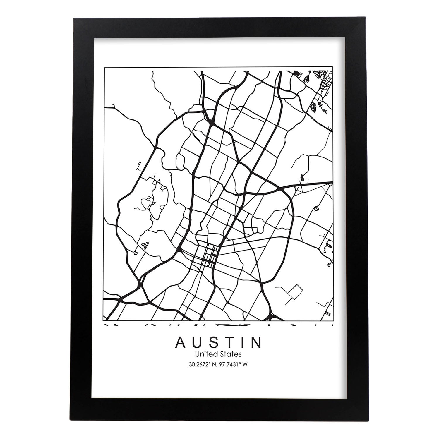 Poster con mapa de Austin. Lámina de Estados Unidos, con imágenes de mapas y carreteras-Artwork-Nacnic-A4-Marco Negro-Nacnic Estudio SL